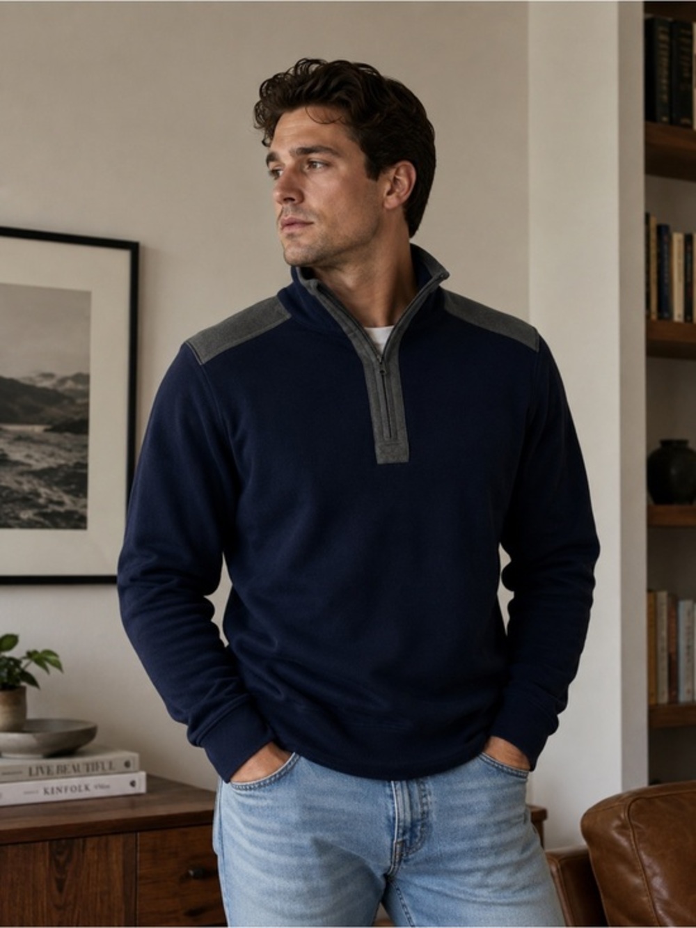 Banana republic quarter zip pullover navy with gray size small